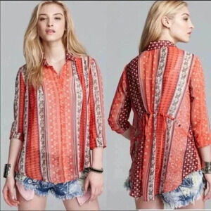 Free People Moonlight Mile Sheer Boho Printed Long Sleeve Button Down XS